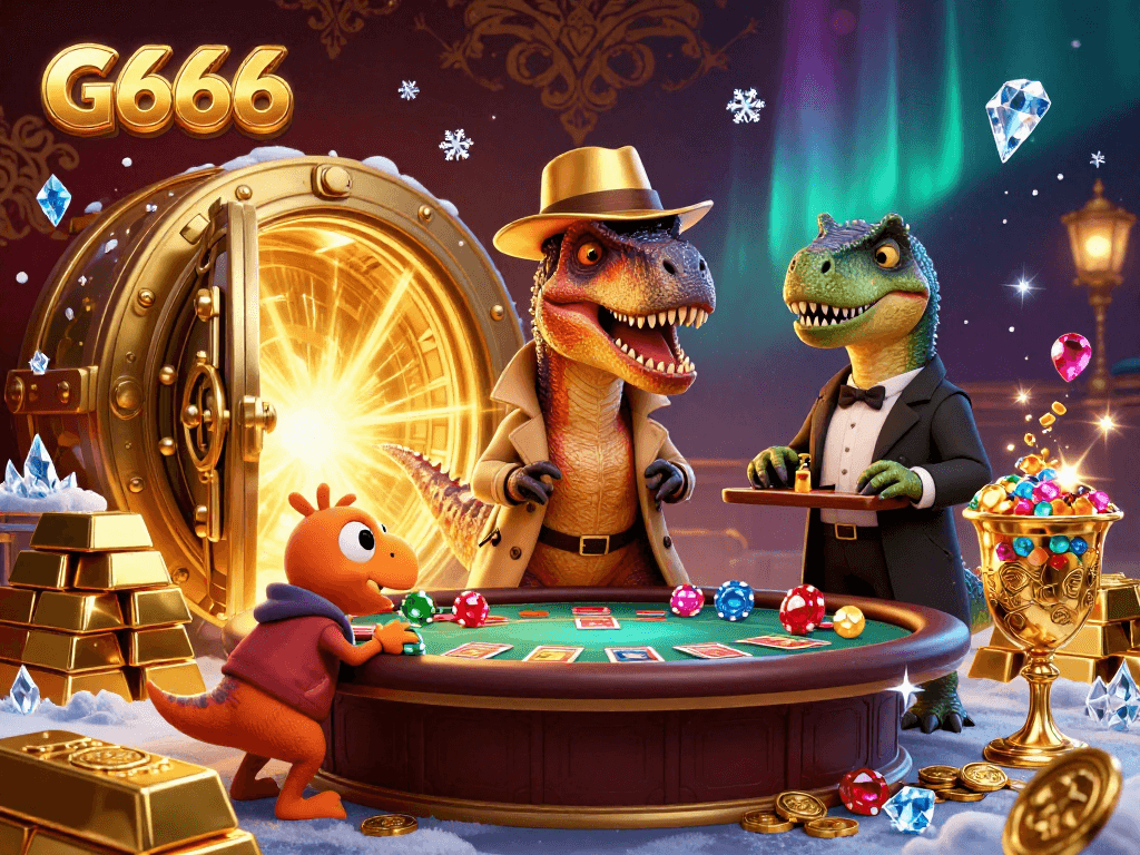 Experience thrilling action at G666 with a velociraptor card counter and treasure, showcasing excitement in gaming.