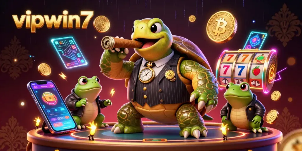 Join the excitement at vipwin7 with this vibrant illustration featuring cartoon characters amidst a dynamic gaming scene.