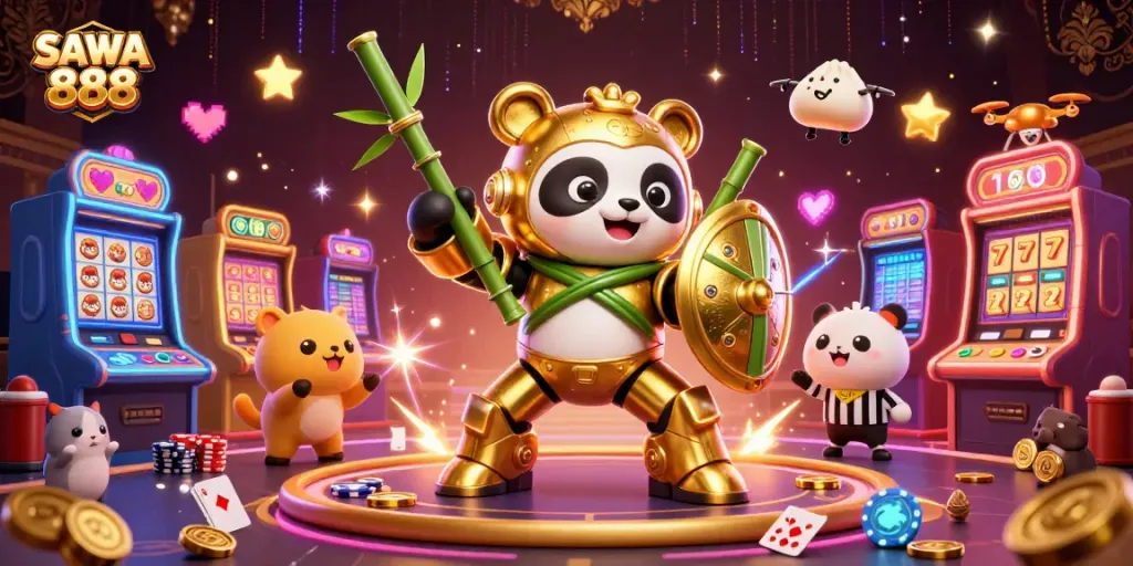 Engage with SAWA 888 through a vibrant casino-themed scene with dynamic slot action.