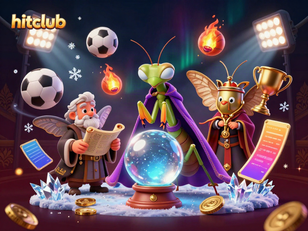 Engage with hitclub's thrilling offerings in this vibrant 3D illustration showcasing fortune tellers and dynamic sports elements.