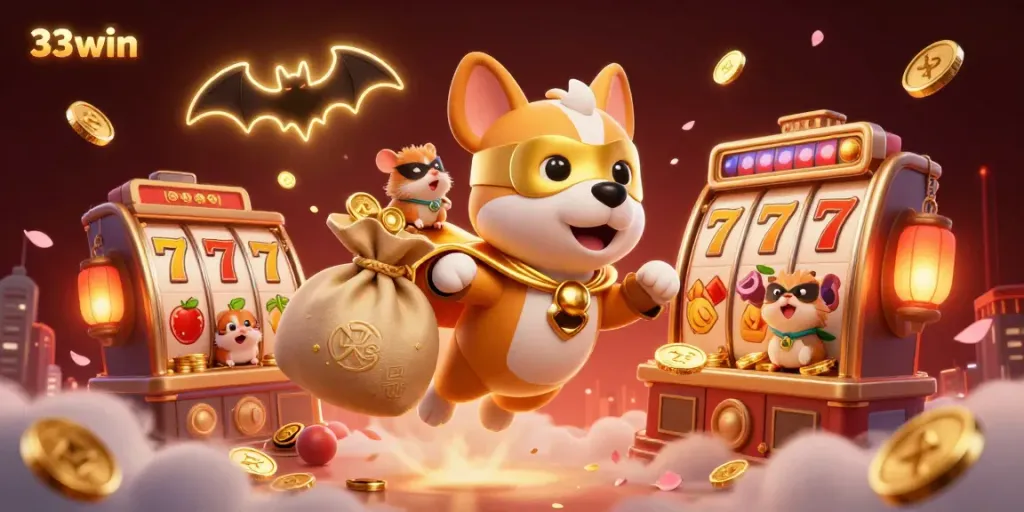 33win superhero dog with coins evokes excitement in a vibrant casino scene.
