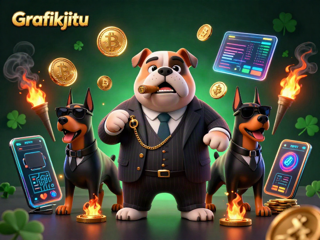Bet on Grafikjitu with a mafia boss bulldog in a 3D illustration surrounded by casino elements.