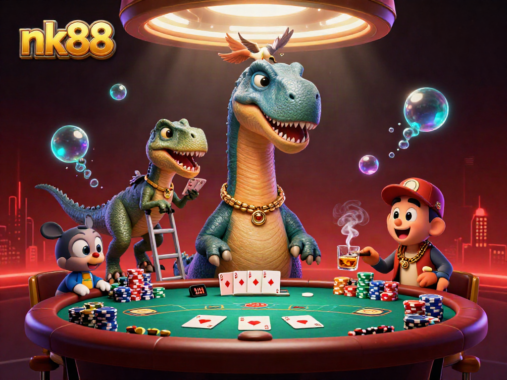 nk88 features a giant brontosaurus and clever raptor showcasing a vibrant poker scene in a casino.