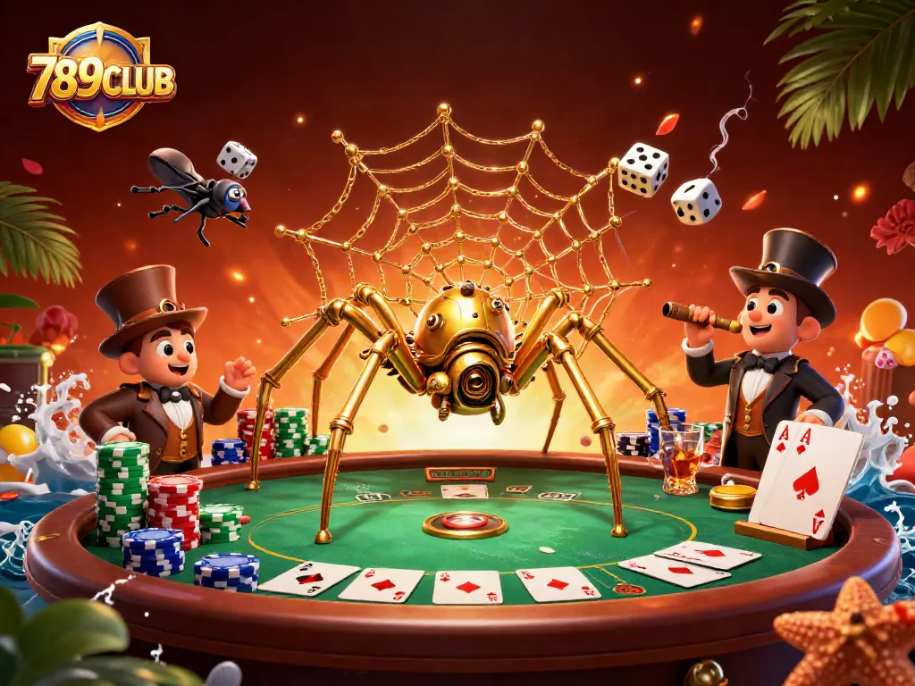 Engage in thrilling gameplay at 789CLUB with a steampunk-inspired spider and vibrant poker elements.
