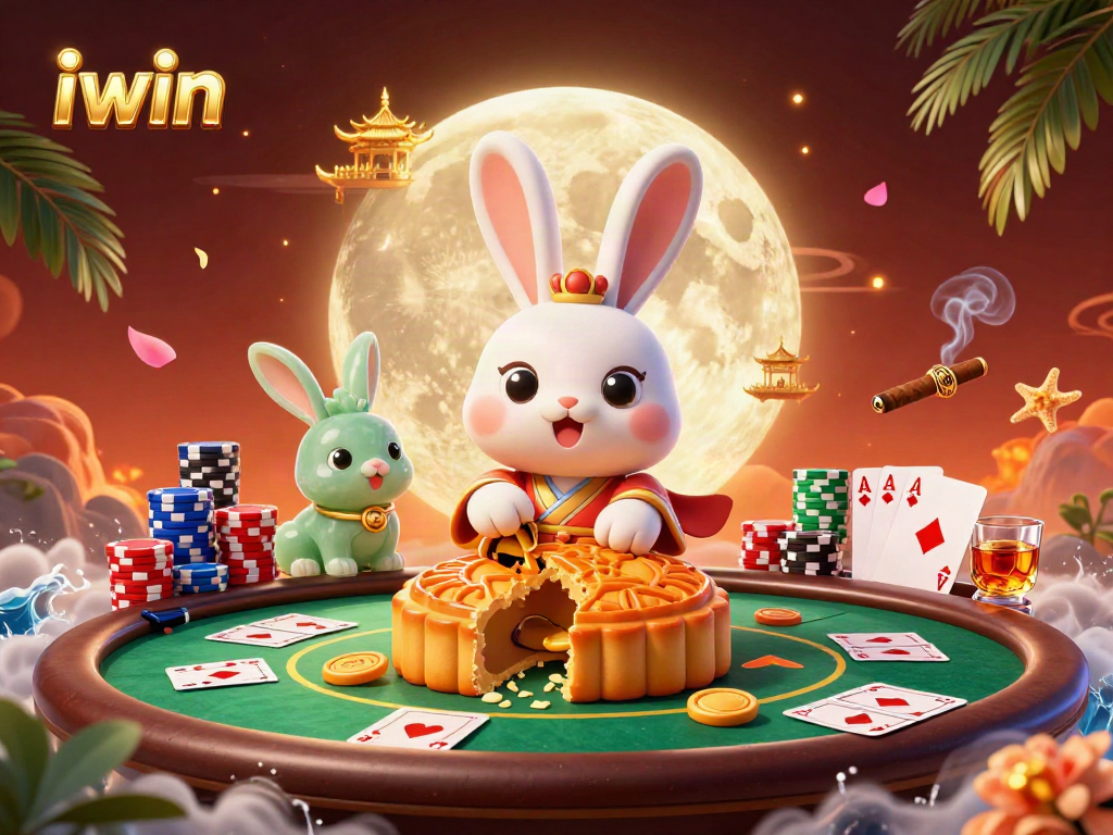 Engage in thrilling iwin casino games with 3D moon rabbit symbols and vibrant poker elements.