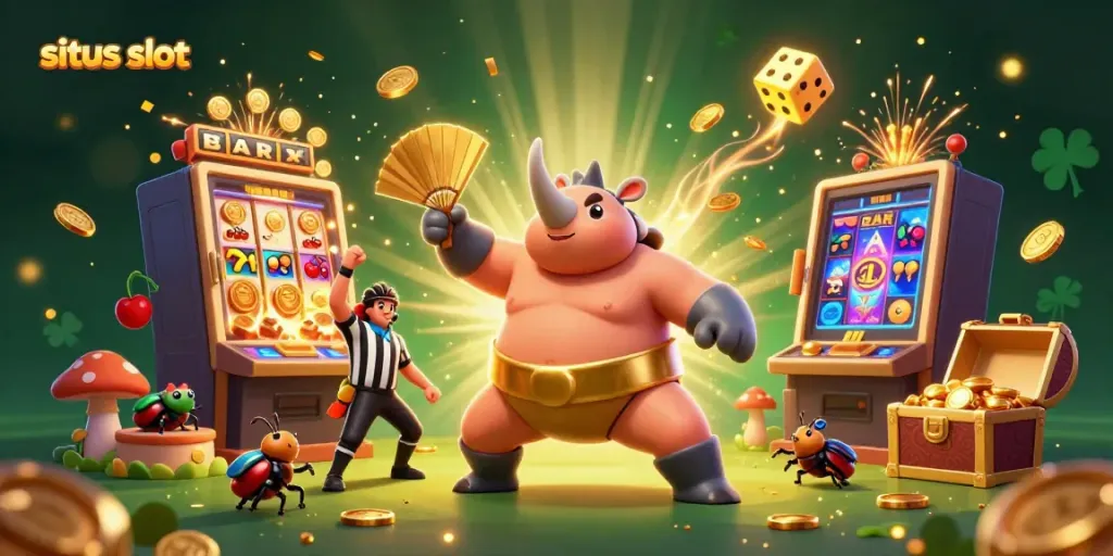 Experience excitement with situs slot featuring a powerful sumo beetle champion amidst a jackpot explosion.