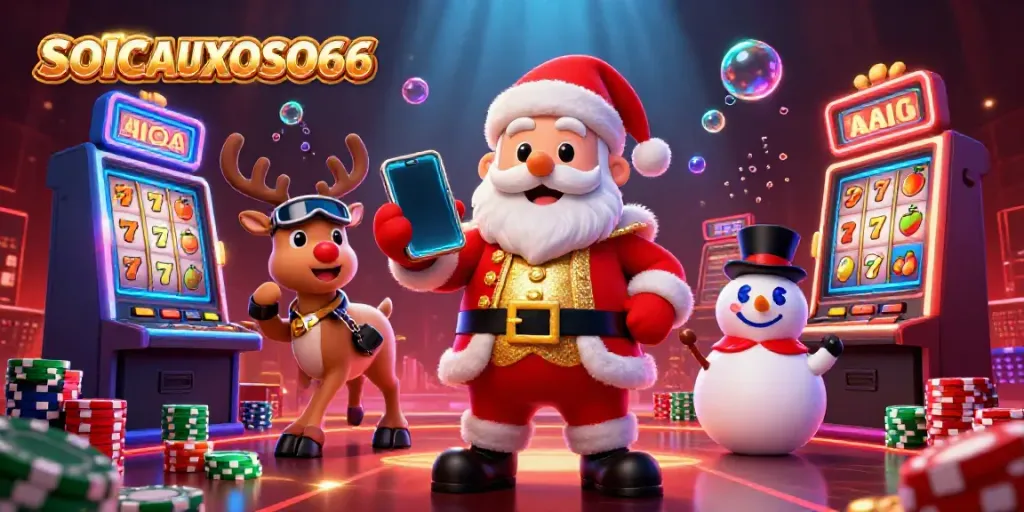 Engage with SOICAUXOSO66 where Santa and friends celebrate jackpots in a vibrant casino setup.