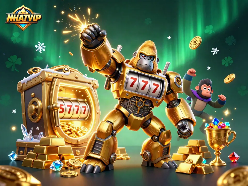 Experience the thrill of NHATVIP with an exciting 3D illustration showcasing dynamic gaming elements, vibrant colors, and casino excitement.
