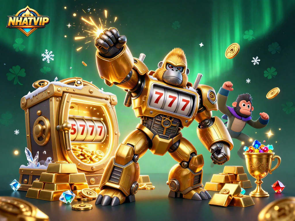 Experience the thrill of NHATVIP with an exciting 3D illustration showcasing dynamic gaming elements, vibrant colors, and casino excitement.