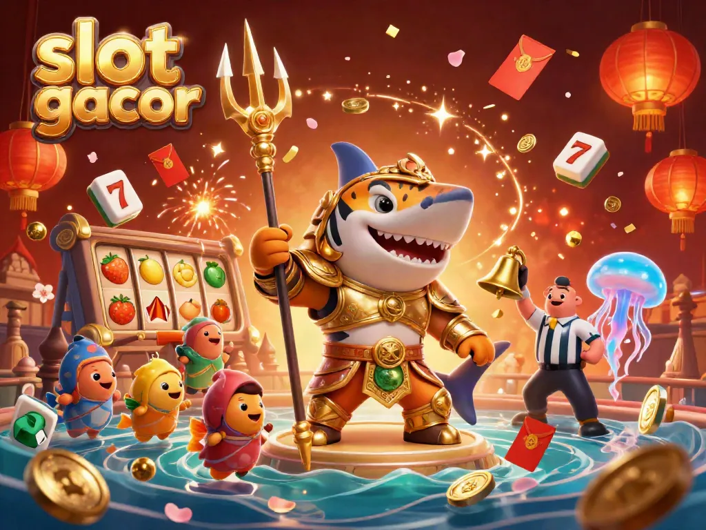 Engage with slot gacor visual excitement featuring dynamic tiger shark gladiator and casino symbols.
