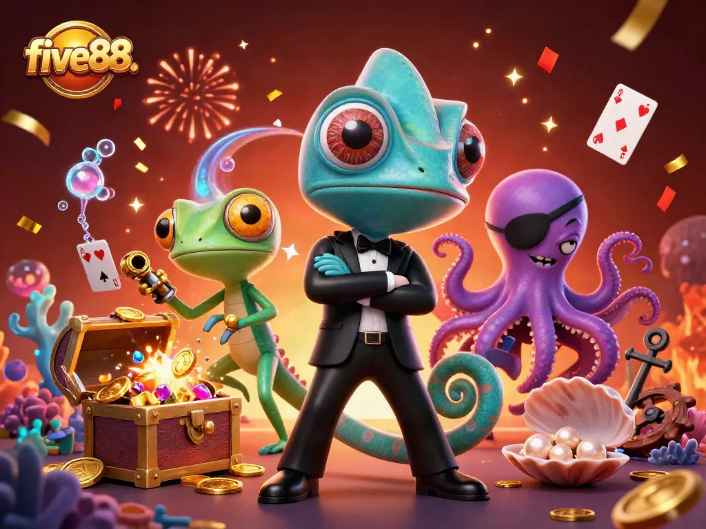 Engage in vivid action with five88. casino playing cards floating amidst chameleons and gadgets.