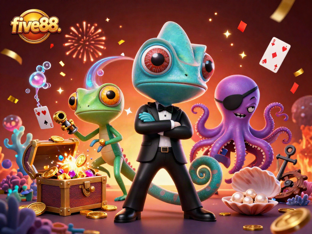 Engage in vivid action with five88. casino playing cards floating amidst chameleons and gadgets.