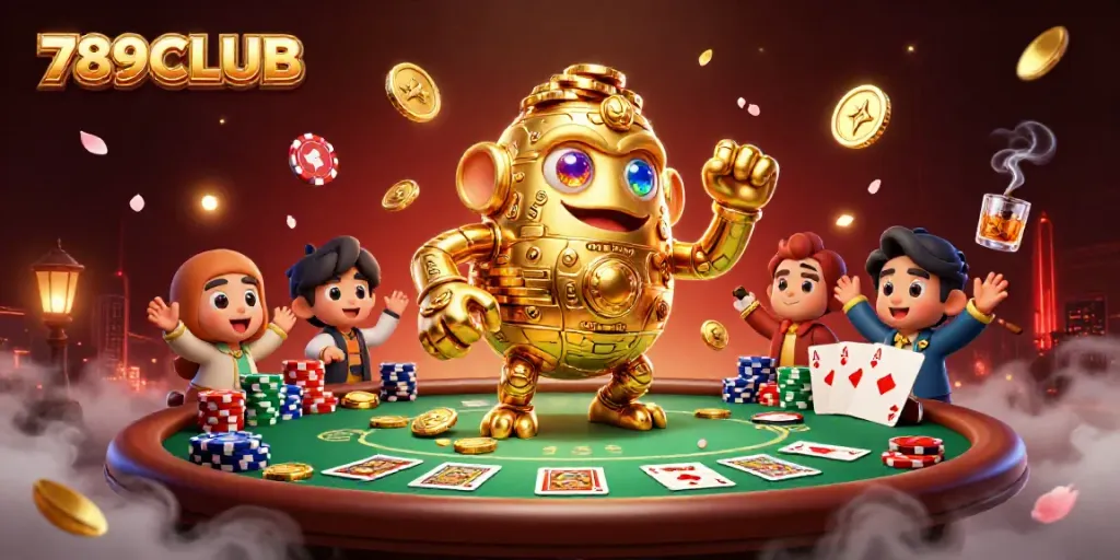 Engage with 789CLUB's vibrant 3D casino scene, showcasing thrilling poker action and golden golem characters.