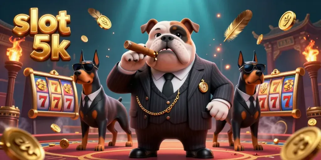 Engage with the exciting slot 5k scene featuring a mafia boss bulldog and his bodyguards in a vibrant casino atmosphere.