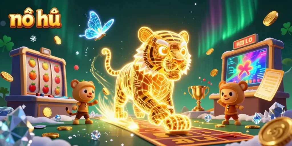 Experience thrilling nổ hũ gameplay with a golden tiger in a digital casino adorned with jackpots and bright symbols.