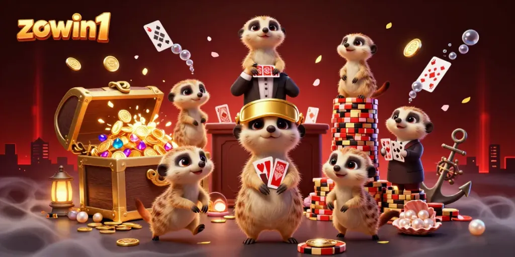 Experience thrilling gameplay at zowin1 with meerkats running a cartoon casino, dynamic elements all around.