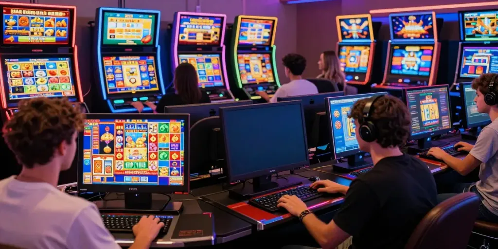 Exciting situs slot gacor gaming scene with players enjoying diverse slot machines online.