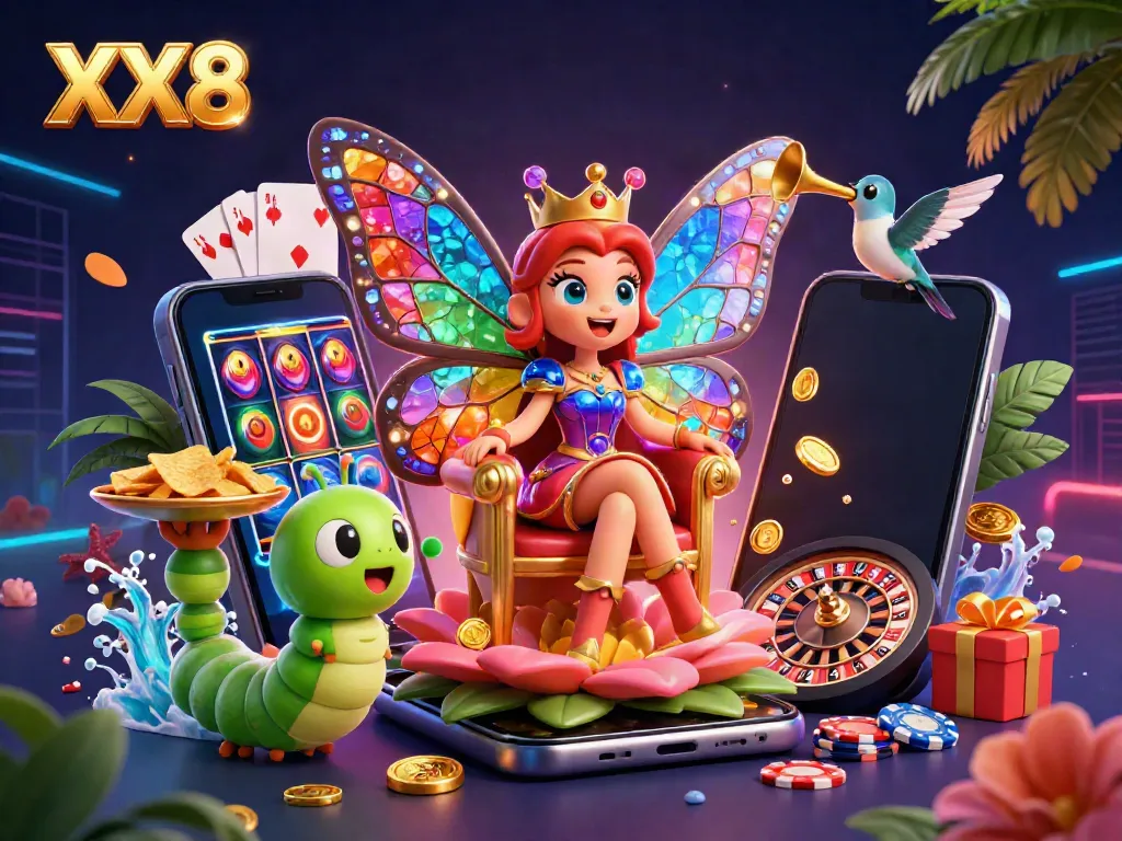 Experience the excitement of gaming at XX8 with vibrant characters and casino elements all around.