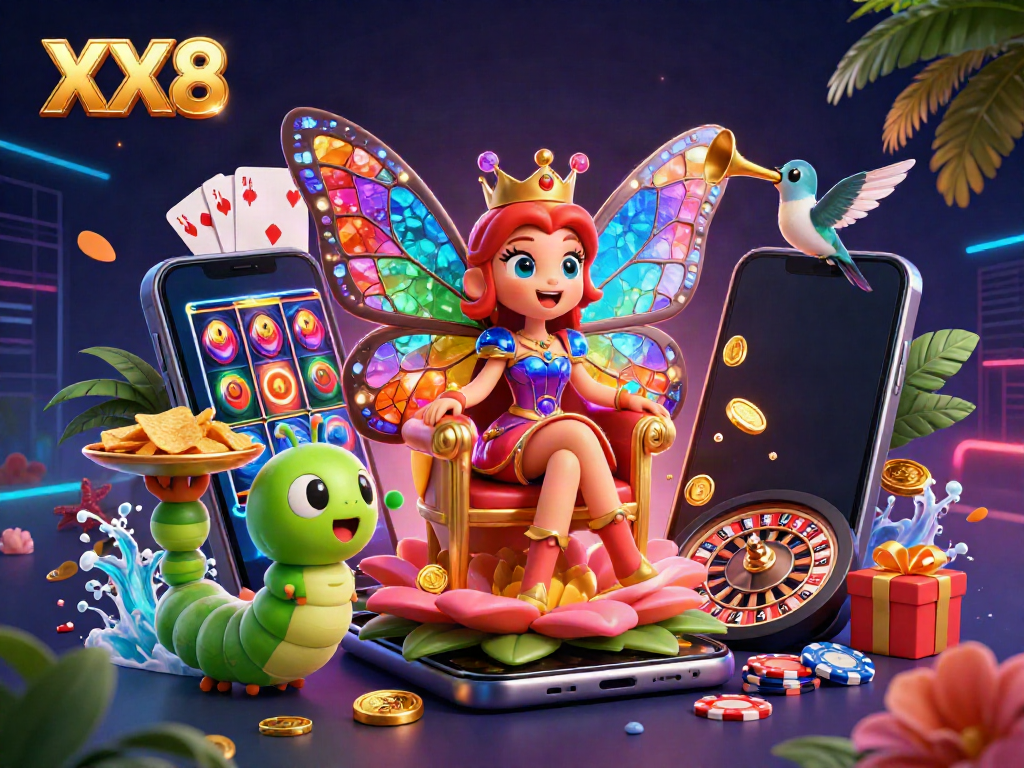 Experience the excitement of gaming at XX8 with vibrant characters and casino elements all around.