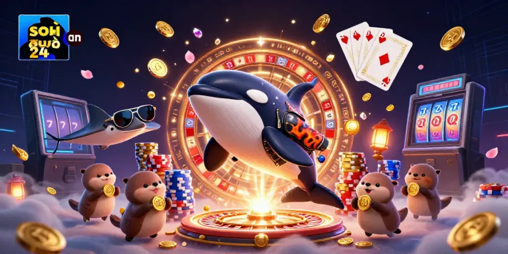 Soi cầu 24h engaging scene with orca biker, stingray, and otters, celebrating winning moments.