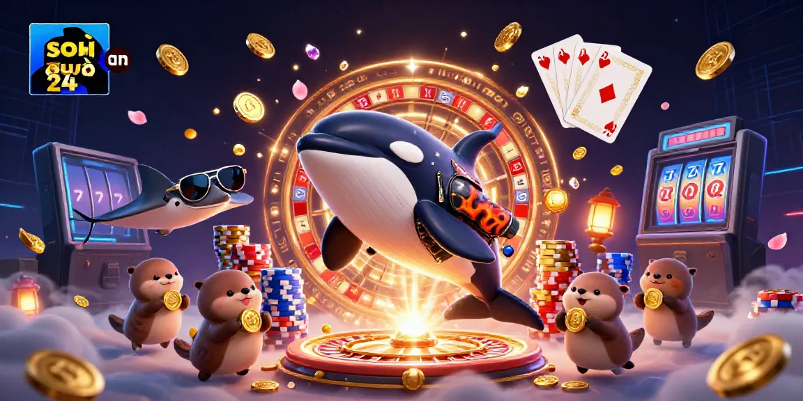 Soi cầu 24h engaging scene with orca biker, stingray, and otters, celebrating winning moments.