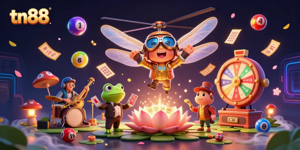 Experience the vibrant action of tn88 online casino with a dragonfly pilot, frog croupier, and musicians.