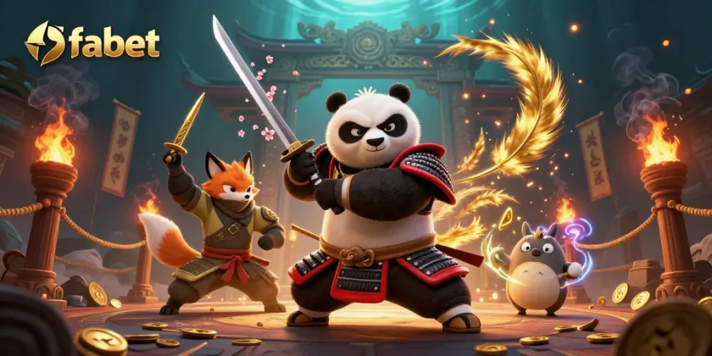 Engage in thrilling gameplay at fabet with a dynamic scene featuring a samurai panda and ninja fox.