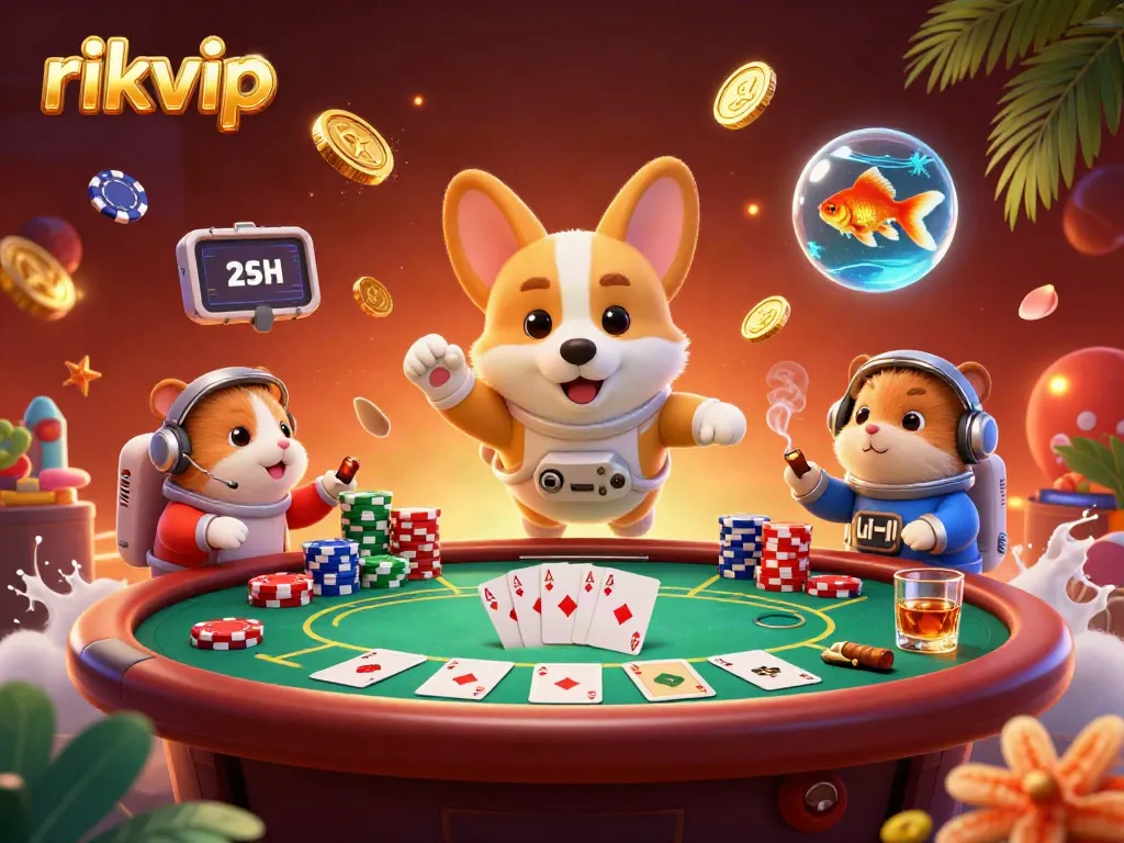 Experience entertainment with rikvip's vibrant 3D space casino featuring floating elements and lively characters.