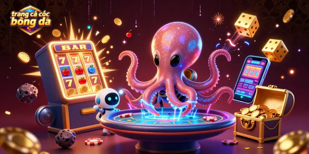 Engage with trang cá cược bóng đá using a vibrant illustration of a poker table operated by a colorful alien octopus.