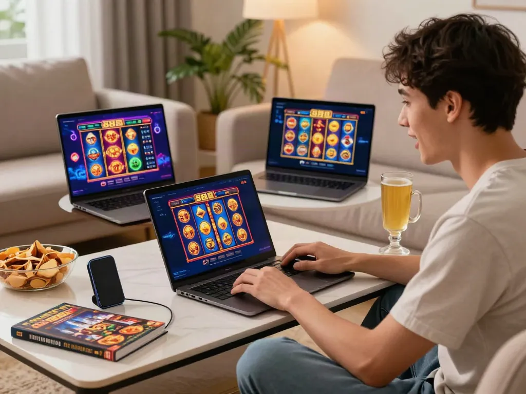 Engaged player enjoying slot88 games on a sleek laptop in a cozy living room.