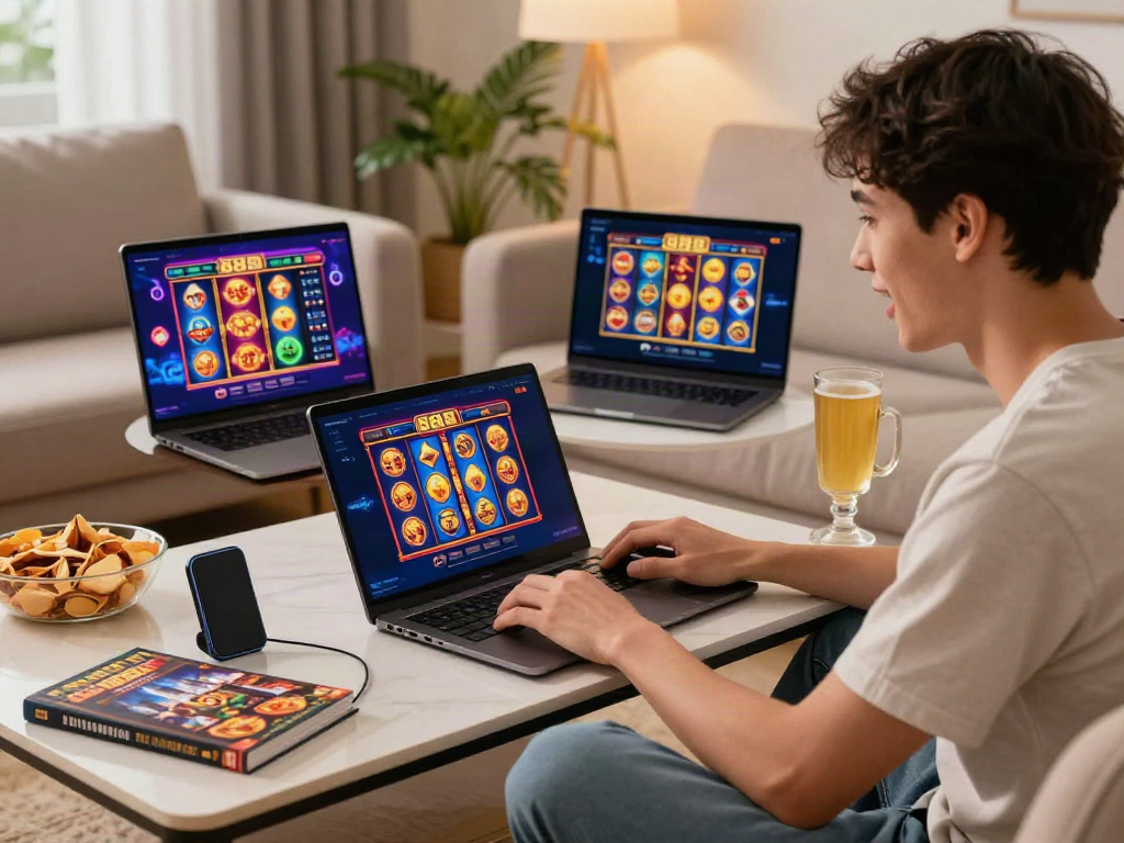 Engaged player enjoying slot88 games on a sleek laptop in a cozy living room.