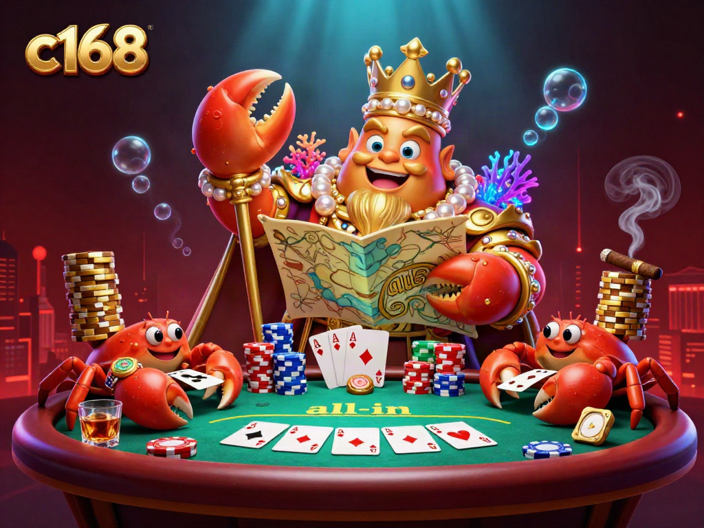 Engage in thrilling gameplay with c168 as the golden crab emperor presides over a vibrant poker scene.