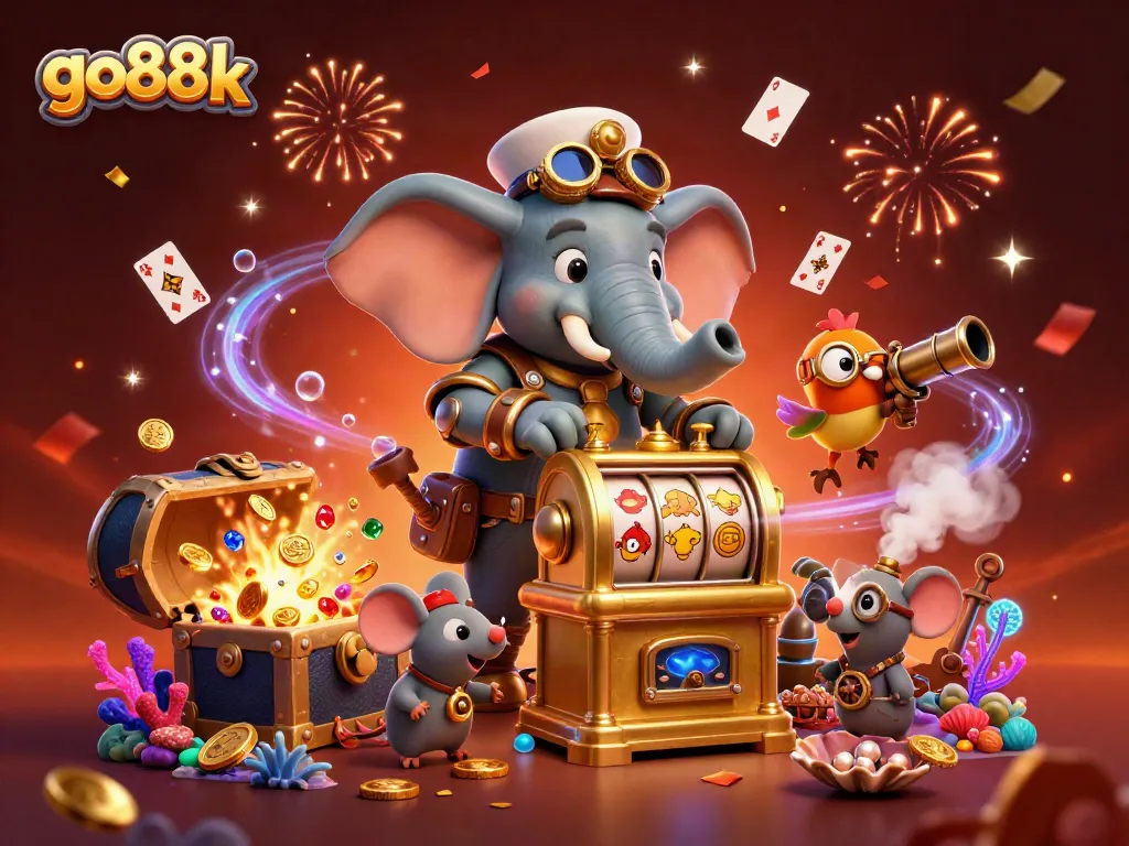 Engage with go88k as a steampunk elephant operates a vivid golden slot machine.