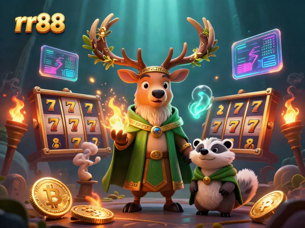 Spin the reels at rr88's vibrant casino, featuring a druid stag and mystical badger.