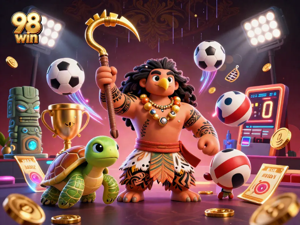 Engage in thrilling 98 win adventures with dynamic sports elements in this colorful casino scene.