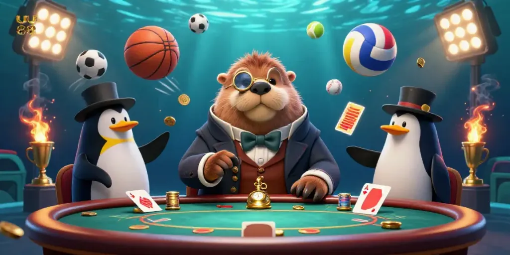 Engage in high-stakes underwater poker with uu 88's vibrant casino illustration featuring a walrus, penguin dealer, and pufferfish player.