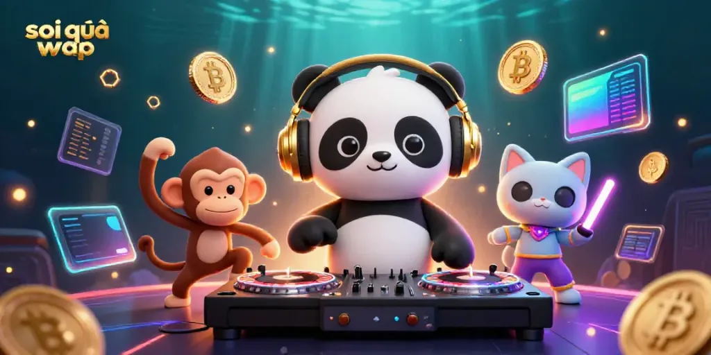 Engaging illustration of soi cầu wap with a DJ panda and lively characters amidst vibrant gambling elements