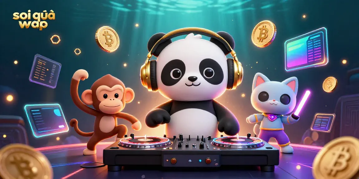 Engaging illustration of soi cầu wap with a DJ panda and lively characters amidst vibrant gambling elements