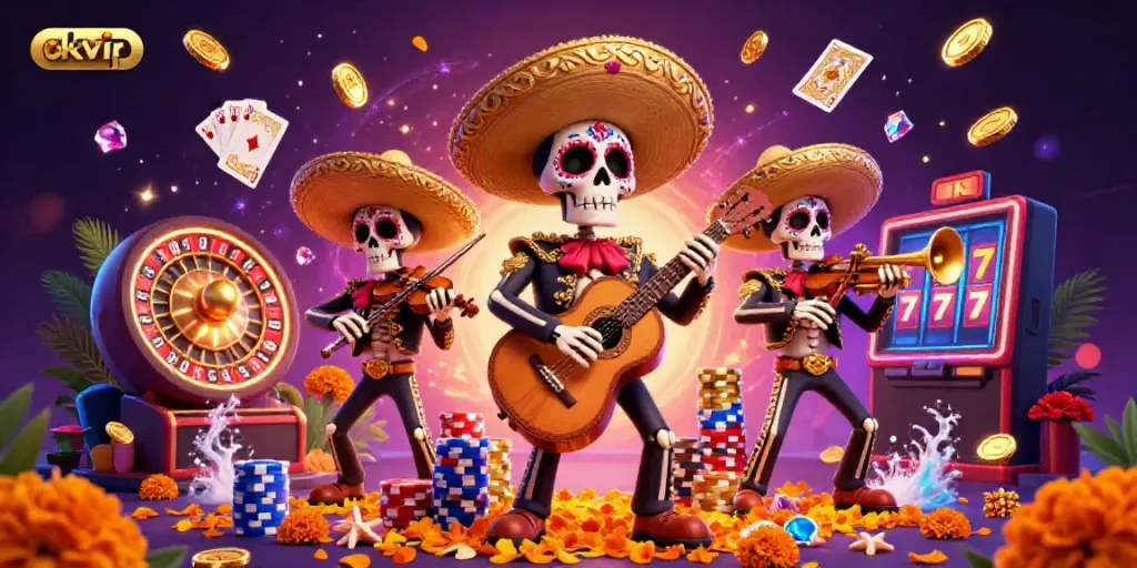 Engage in exciting gameplay at okvip with a vibrant 3D illustration featuring a lively mariachi band and captivating casino elements.