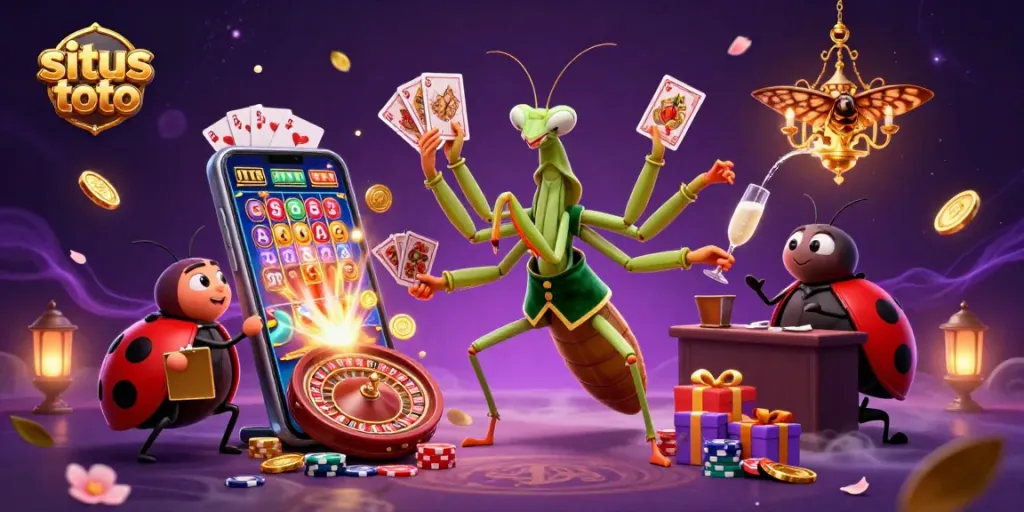 Engaging scene of situs toto with a giant praying mantis card sharp and ladybug pit boss amidst vibrant casino elements.