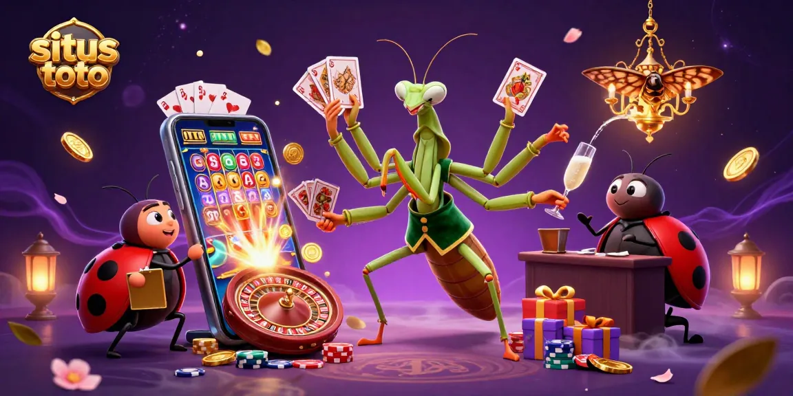 Engaging scene of situs toto with a giant praying mantis card sharp and ladybug pit boss amidst vibrant casino elements.