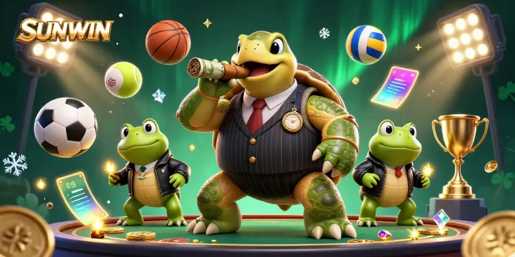 Experience excitement at SUNWIN with iconic characters in a vibrant casino scene.