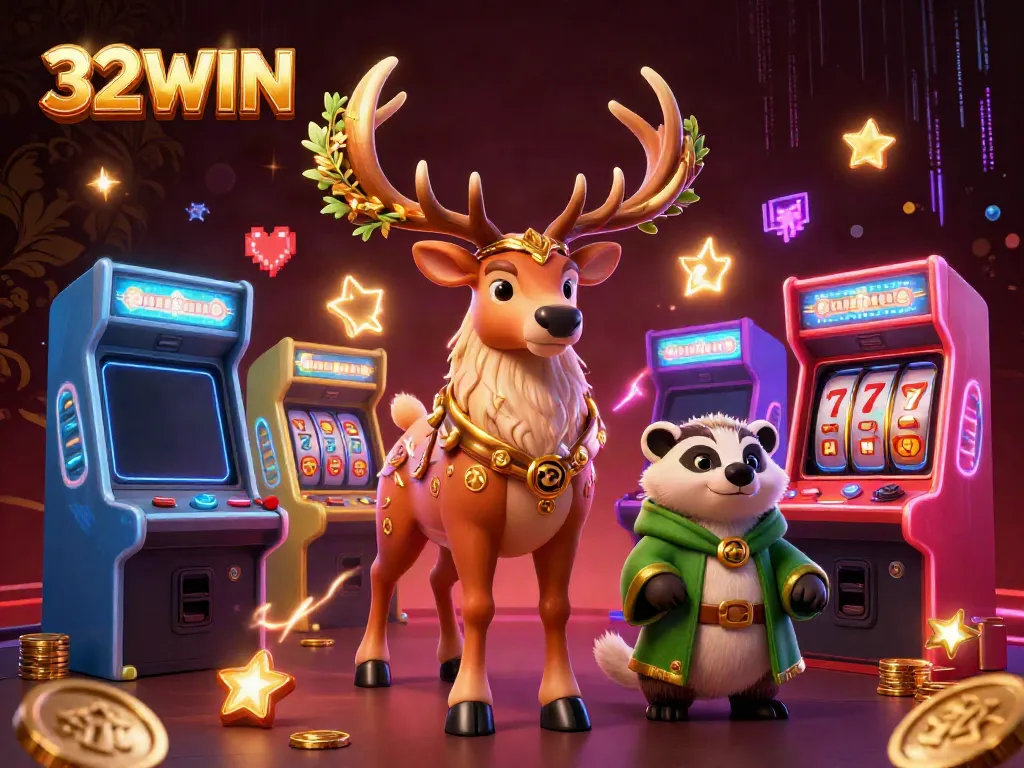 Experience excitement with 32WIN's vibrant casino scene featuring a Celtic druid stag and classic slot elements.