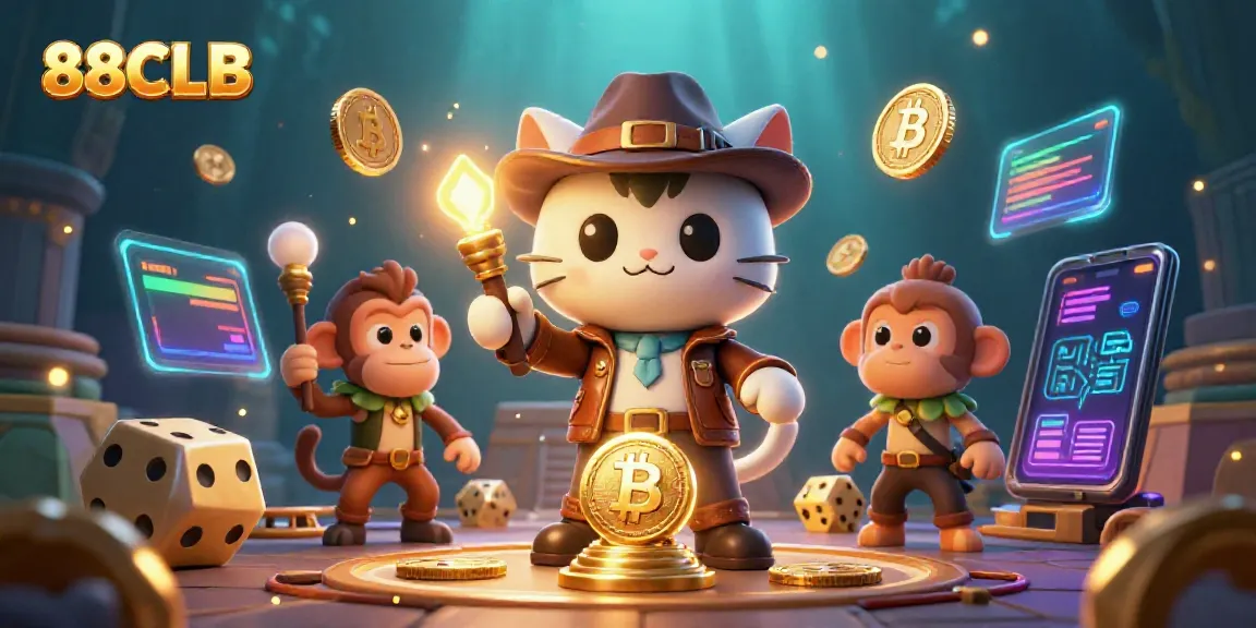 Uncover the treasure at 88CLB with an explorer cat and monkey amidst golden artifacts.