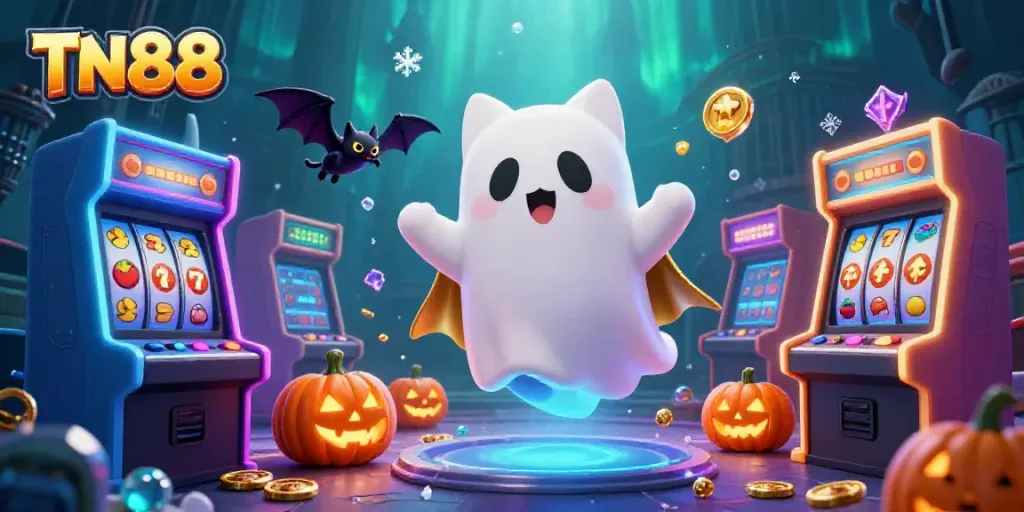 Engage with TN88's thrilling world of haunted casino fun featuring a ghost cat, vampire bat, and glowing jack-o-lanterns.