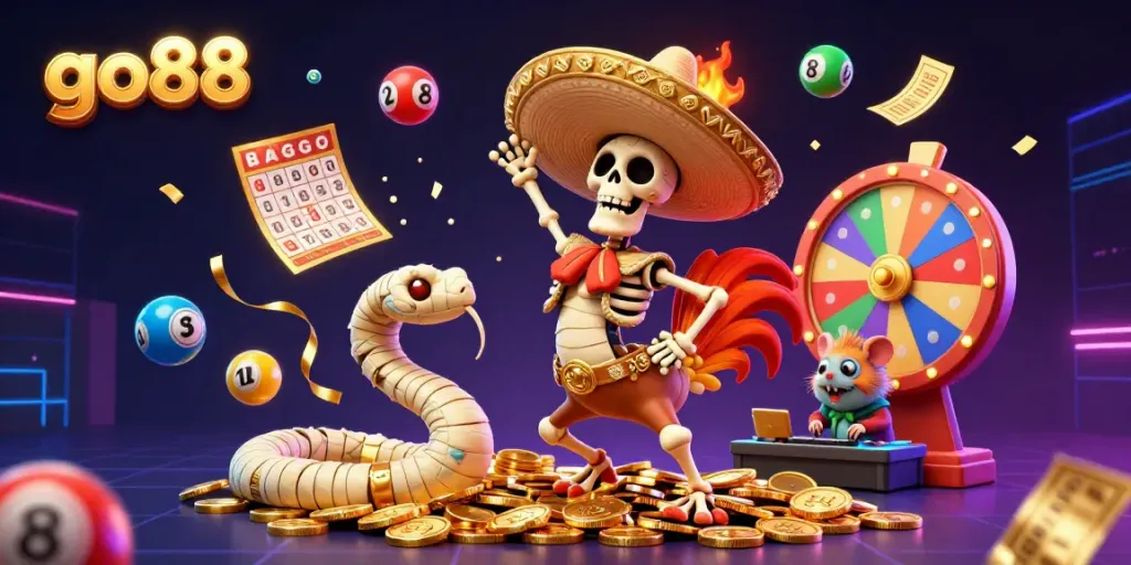 Experience the excitement with go88 as a skeleton mariachi and friends celebrate winning in this vibrant casino scene.