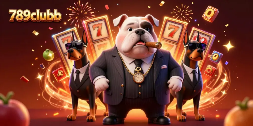 Engage with 789clubb in this vibrant 3D mafia-themed casino illustration featuring dynamic slot reels.