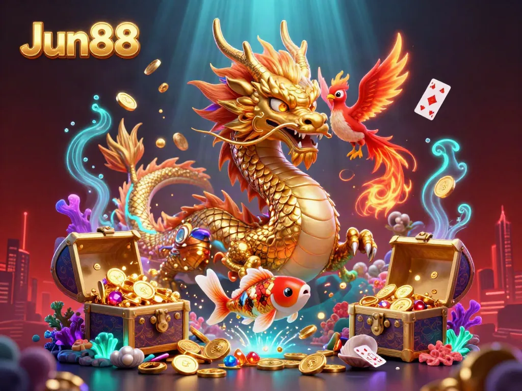 Experience excitement with Jun88 as the fierce dragon and phoenix soar over sparkling casino treasures.