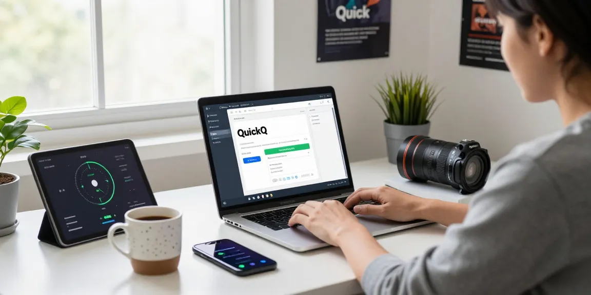 快速下载并安装 QuickQ 电脑版的用户在现代家办公桌前专注工作的场景。
