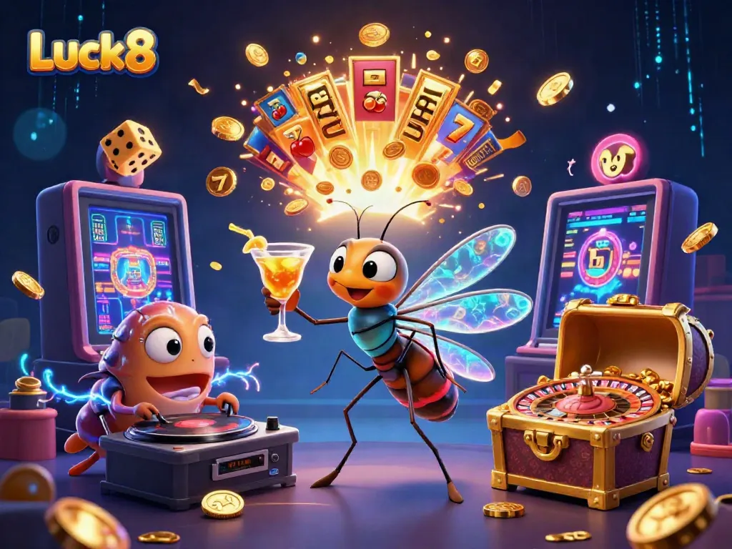 Experience vibrant gaming at Luck8 with an animated casino mascot and a dynamic setting filled with excitement.